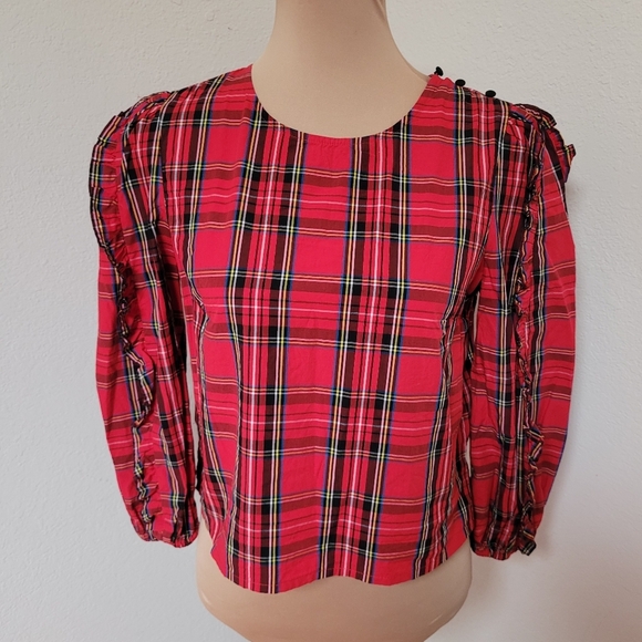 J. Crew Holiday Tartan Blouse With Ruffle Sleeves - Picture 2 of 7